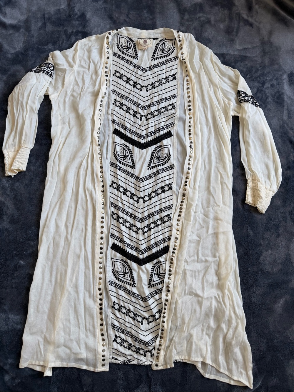 Muche et Muchette Women’s Boho Embroidered Long Cardigan Kimono Ivory Black OS